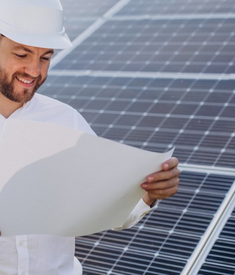 Young architect standing by solar panels
